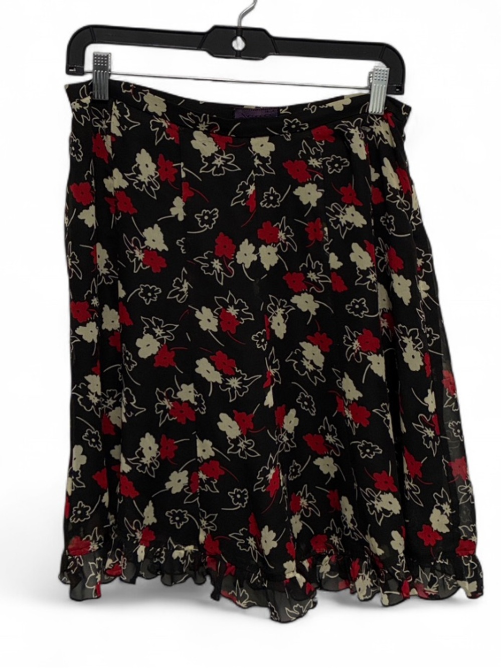 Y2K Black Floral Ruffle Hem Skirt with Red & Cream Accents